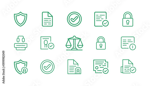 Green Business Document Icons Set – File, Security and Checklist Symbols