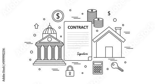 Contract agreement for house purchase with bank and money symbols.