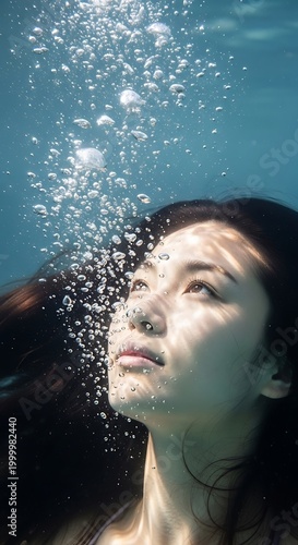 Young female submerges beneath clear blue water observing rising air bubbles