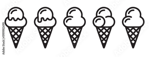 Collection of Ice Cream Cone Outline Icons Representing Different Flavors and Scoops