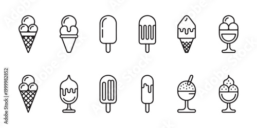 Minimalist Ice Cream and Popsicle Line Icon Set