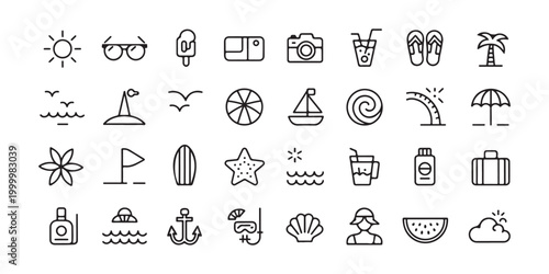 Collection of summer and beach vacation line icons