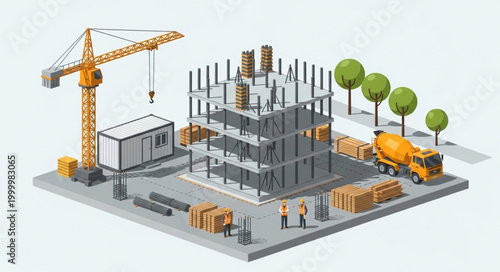 Construction Site With Crane Building Structure and Truck.
