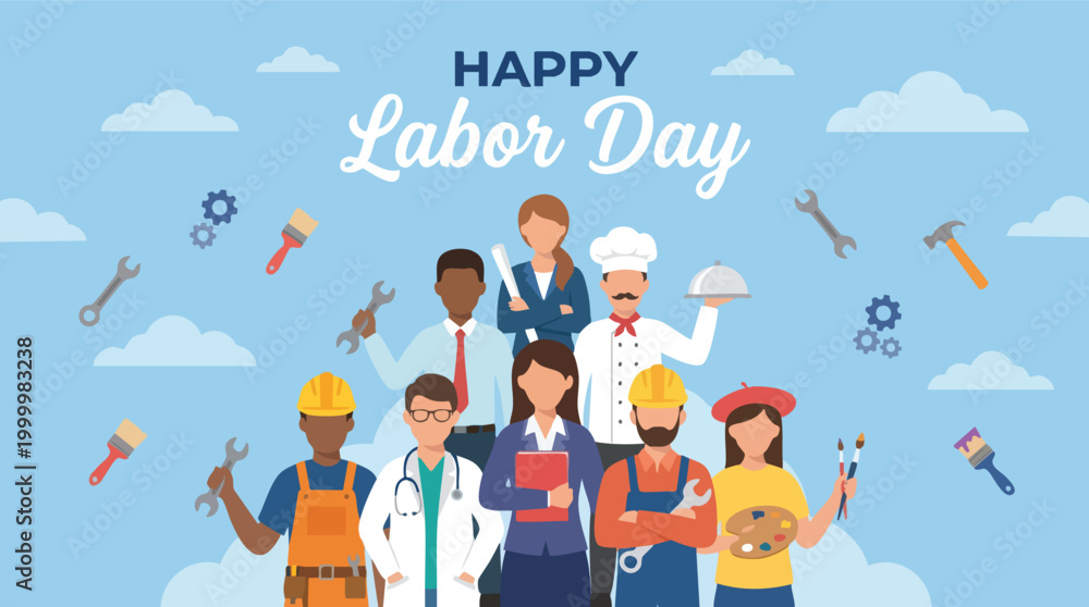 Fototapeta premium Flat vector illustration of diverse professionals celebrating Happy Labor Day with various work tools on a blue sky background.
