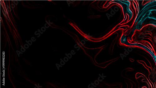 Abstract Vector glowing liquid marble texture in vibrant shades of red and cyan over the black background, showcasing liquid flow patterns.