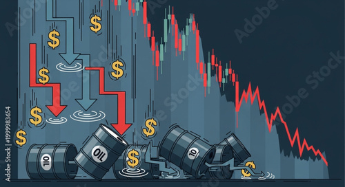 Oil barrels and stock market chart showing decline.