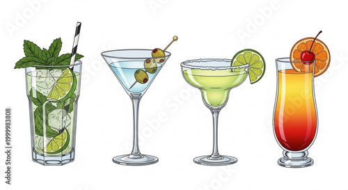 Collection of four refreshing cocktails illustrated in flat design style with garnishes perfect for summer drinks and bar menus