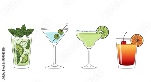 Collection of four refreshing summer cocktails flat vector illustration for bar menus and party invitations isolated on white
