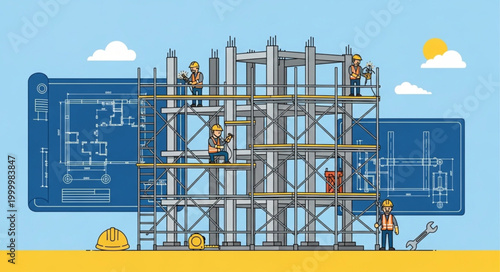 Construction site with scaffolding and blueprints.