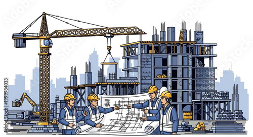 Construction site with workers crane.