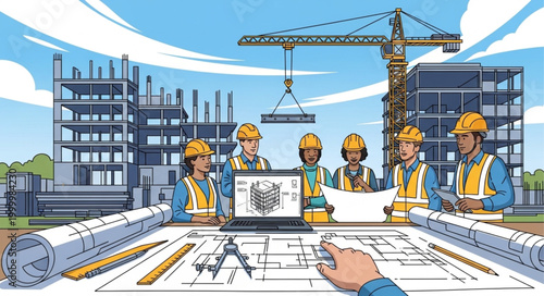 Construction Team Meeting Discussing Blueprints and Plans at Building Site.