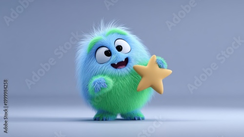 Cute fluffy blue-green monster holding a yellow star, happy cartoon character