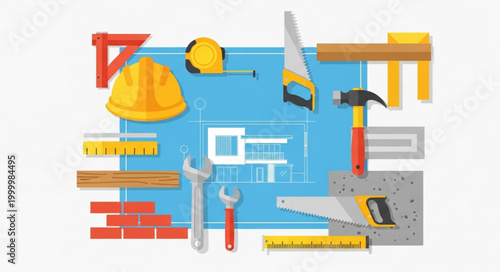 Construction tools on blue background.