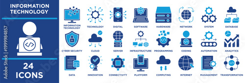 information technology icon collection set. Containing cloud, server, infrastructure, programming, coding, automation, analytics, data, innovation, connectivity. solid