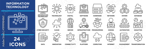 information technology con collection set. Containing technology, it, digital, software, hardware, network, system, database, cybersecurity. vector