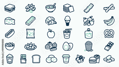 Large Set of Food and Beverage Line Icons Including Fast Food and Healthy Options