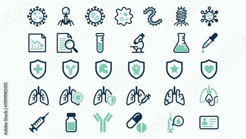 Medical and Virology Icon Set with Virus Vaccine and Laboratory Equipment