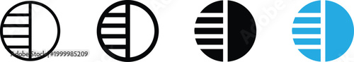 Contrast and brightness icon set image editing symbols circle with stripes and solid half