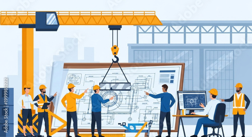 Construction workers collaborating on a blueprint with a crane overhead.