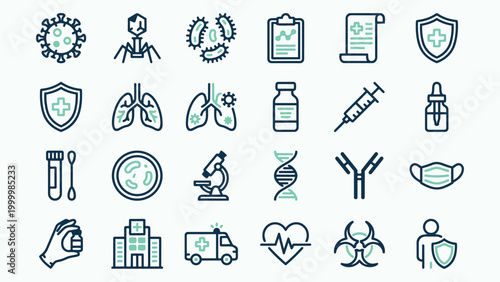 Healthcare and Medical Research Icon Set with Hospital and Laboratory Symbols