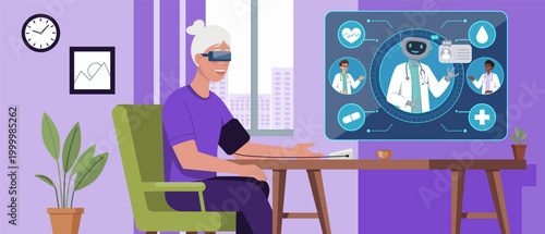 Illustration of an elderly woman wearing VR glasses during a telemedicine session. Futuristic medical interface with robot doctor and health icons represents modern digital healthcare technology.