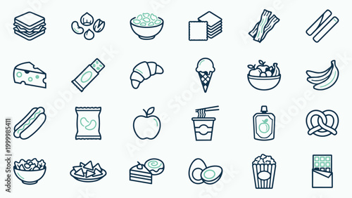 Assorted Food and Snack Line Icon Set with Sandwiches, Fruits, and Sweets