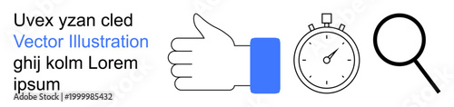 Productivity, time management, efficiency, evaluation, approval, search concepts. Thumb up, stopwatch magnifying glass icons in simple style. Time management and productivity concept