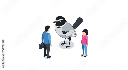 Illustration of a Large Bird Confronting Two People.