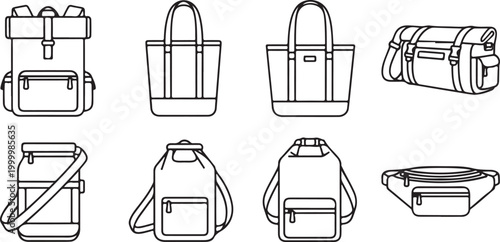 Collection of eight black handbag vector icons with zippers and handles Vector