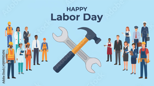 A diverse group of professionals and essential workers gathered to celebrate Happy Labor Day with a hammer and wrench symbol on a blue background.