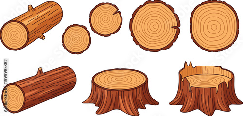 Wood Logs and Stump Icon Set with Tree Rings, Cut Wood, and Cross-Sections for Forestry, Nature, and Environmental Websites
