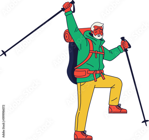 Illustration of a hiker in jacket and pants with huge backpack, celebrating success with raised arms and trekking poles. Ideal for achievement, adventure, or motivational themes and senior vacation.