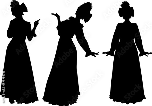 Black silhouette shows a woman in a long, flowing gown in vintage style, tall hair wig with big bow, captured against isolated background. Ideal for theatrical, elegant, or dramatic design projects.