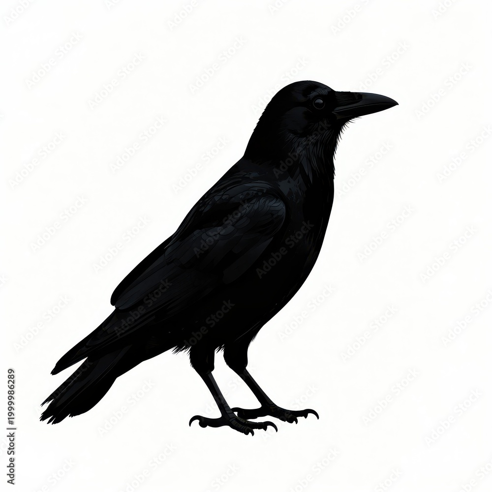 Fototapeta premium Black Crow Standing in Profile Against White Background