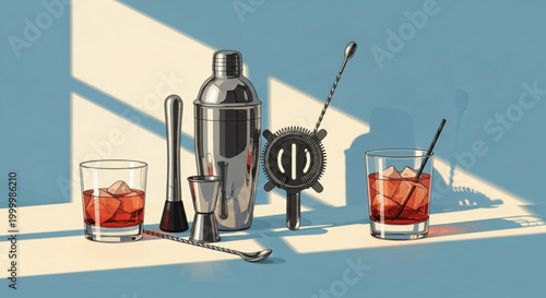Cocktail making tools and drinks barware set with shaker jigger strainer and glasses for professional bartending and home bar