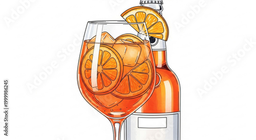 Refreshing orange cocktail with ice and fruit slices served in a wine glass with a bottle perfect for summer drinks and bar menus