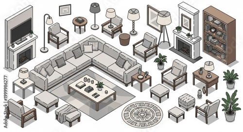 Isometric living room furniture and decor elements collection.