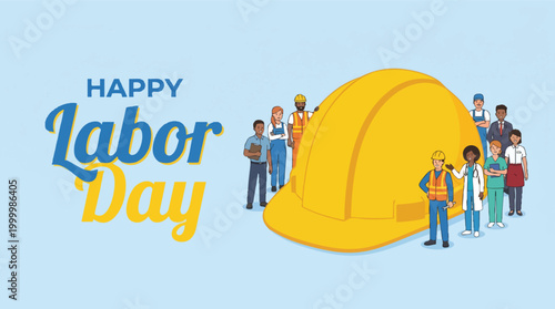 Professional workers from diverse industries standing together next to a large yellow hard hat to celebrate Happy Labor Day on blue background.