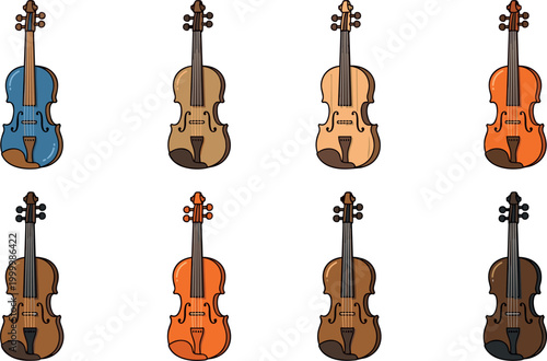 Violin collection with different colors classical string musical instrument vector illustration.