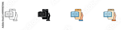 Online mobile library icon set with hand holding smartphone and ebook. Vector illustration of digital reading, internet education, and electronic bookstore symbols in flat and outline styles.
