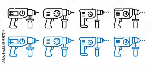 Electric Drill Icons Set, Construction Power Tools Line Art Vector Illustration.