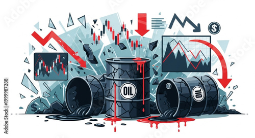 Oil barrels with falling stock market charts and red arrows indicating decline.