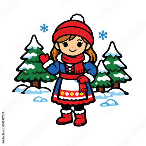 A cartoon girl in winter clothes standing in front of snow covered trees