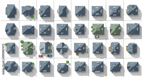 Foto Collection of various residential house roofs seen from directly above