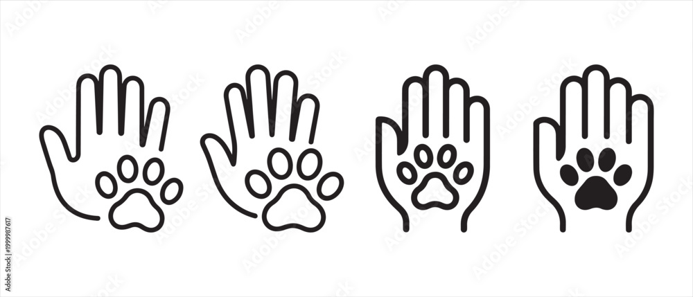 Fototapeta premium Human Hand and Animal Paw Print Icon Set. Vector Illustration for Veterinary and Pet Care Design.