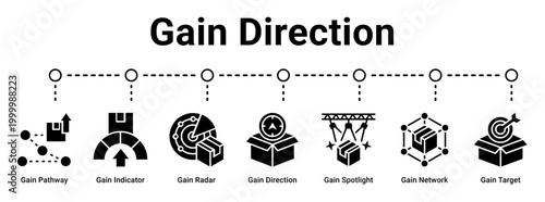 Gain Direction web banner icon vector illustration concept for business with icon of Gain Pathway, Gain Indicator, Gain Radar, Gain Direction, Gain Spotlight, Gain Network.
