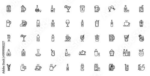 Beverages icon set. Drink vector pack. Minimalist line icons. Features coffee, tea, wine, beer, cocktail, juice, milk, soda, sake, champagne, whiskey, vodka, mojito, margarita and more.