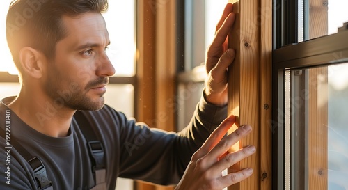 Skilled craftsman meticulously installs wooden trim around a new window during daylight hours