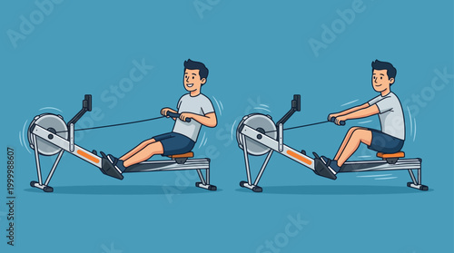 Cartoon Man Doing Rowing Machine Exercise: Start and Finish Poses Vect