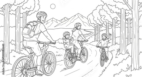 Line Art - Mountain Bikers Enjoying a Scenic Trail Ride.